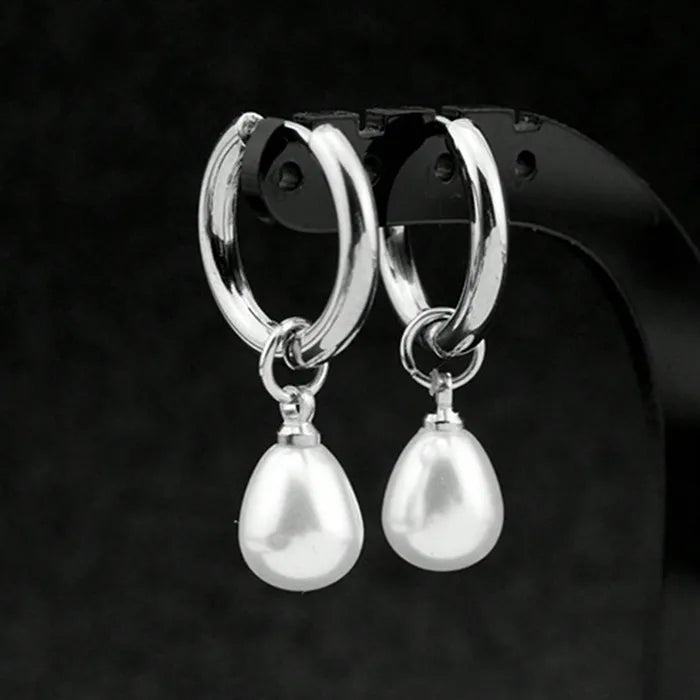 Silver Pearl Drop Hoop Earrings