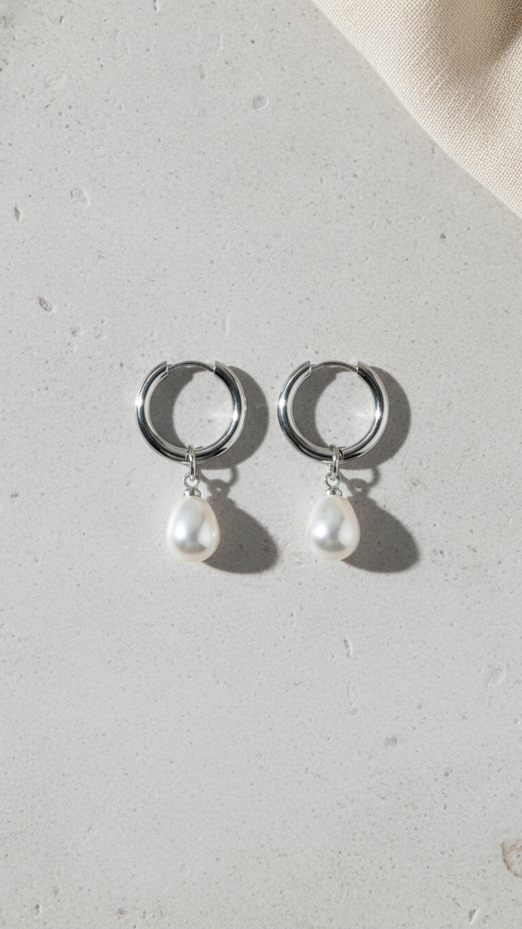 Silver Pearl Drop Hoop Earrings
